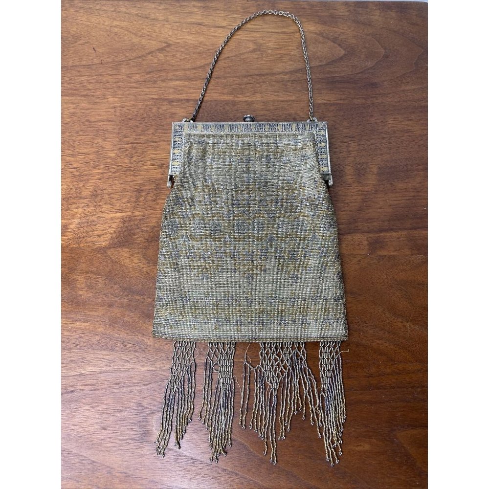 Vintage Bead Bag Carved Metal Frame Purse Silver Fringe Art Deco Handbag Antique